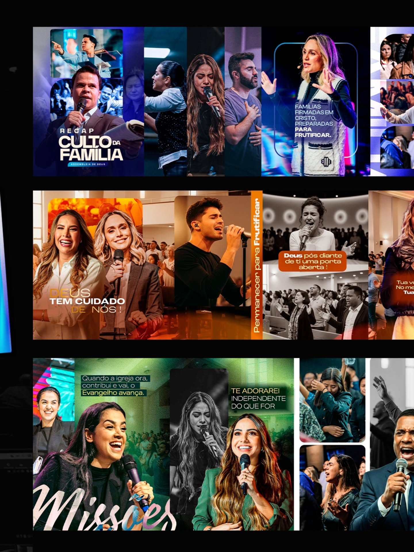 Exemplos visuais de carrosséis pós-culto com fotos e mensagens