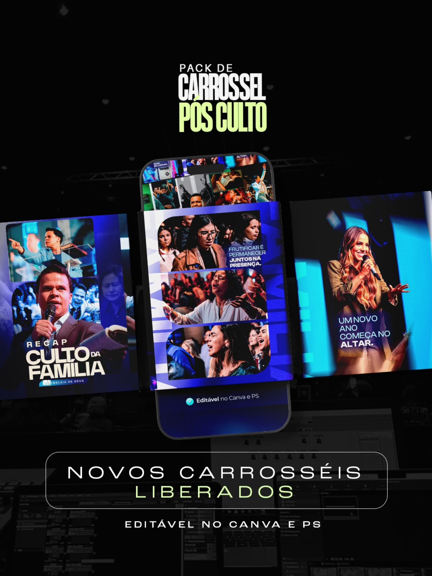 Imagem promocional do Pack Carrossel Pós-Culto com modelos de artes para Instagram