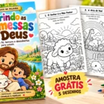 Capa do livro cristão Colorindo as Promessas de Deus ao lado de desenhos bíblicos para colorir, amostra grátis com cinco ilustrações