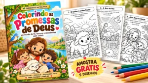 Capa do livro cristão Colorindo as Promessas de Deus ao lado de desenhos bíblicos para colorir, amostra grátis com cinco ilustrações