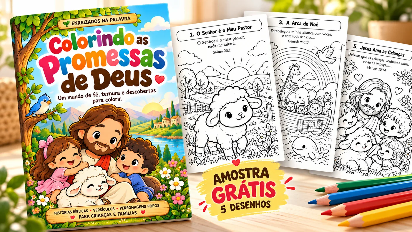 Capa do livro cristão Colorindo as Promessas de Deus ao lado de desenhos bíblicos para colorir, amostra grátis com cinco ilustrações