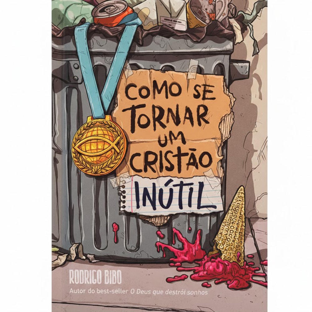 Capa do livro Como se Tornar um Cristão Inútil, de Rodrigo Bibo, com medalha e título escrito sobre uma lixeira