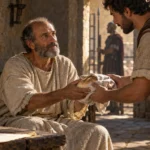 Reconstrução artística de Paulo recebendo pão de um cooperador durante sua prisão, ilustrando gratidão, auxílio e contentamento em Cristo.