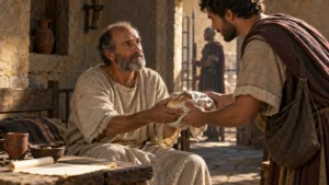 Reconstrução artística de Paulo recebendo pão de um cooperador durante sua prisão, ilustrando gratidão, auxílio e contentamento em Cristo.