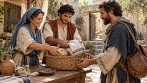 Cena ilustrativa de cristãos do primeiro século preparando uma cesta de auxílio para um mensageiro, em alusão à generosidade dos filipenses.
