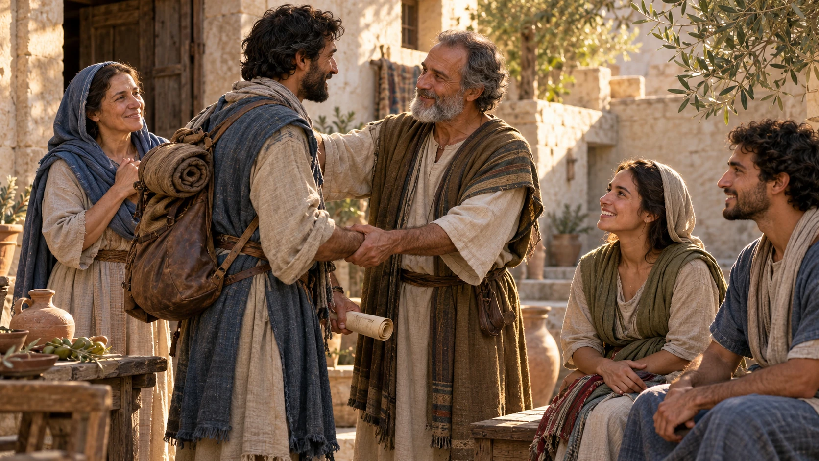 Cena ilustrativa de acolhimento e saudação entre cristãos do primeiro século, em alusão à comunhão e à graça em Filipenses 4.21-23.