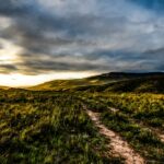 Caminho entre colinas iluminadas pelo pôr do sol, simbolizando perseverança e vida digna do Evangelho em Filipenses 1.27