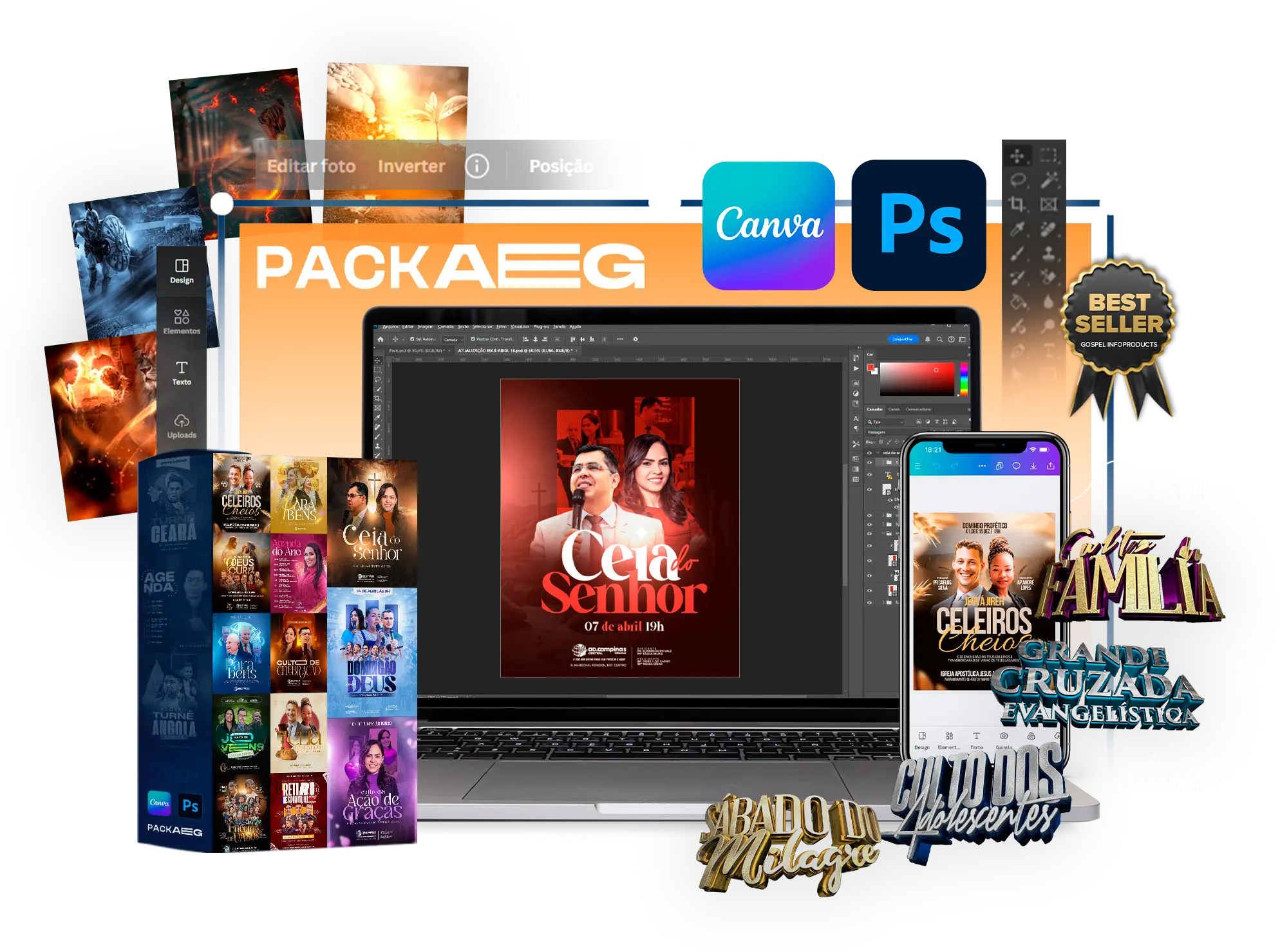 Pack AEG com exemplos de artes gospel editáveis para cultos e eventos de igrejas