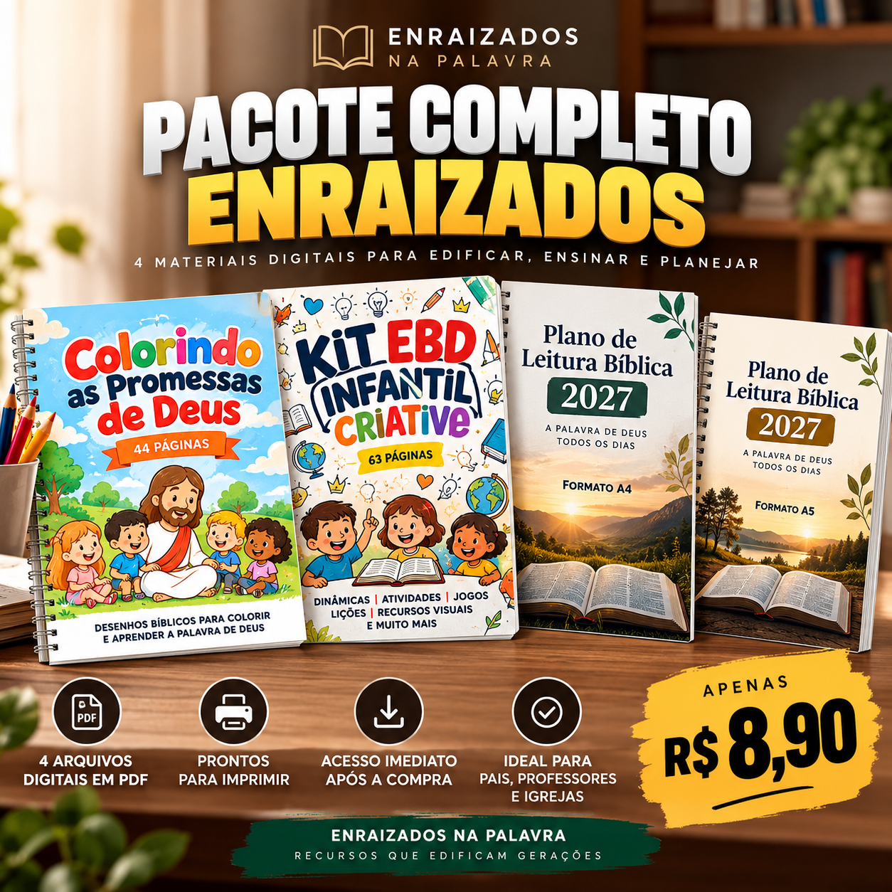 Pacote Completo Enraizados com quatro PDFs: Colorindo as Promessas de Deus, Kit EBD Infantil Criativa e Plano de Leitura Bíblica 2027 em A4 e A5